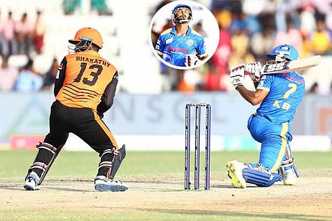 Arun Karthik (inset and right) plays a shot during his knock of 80 from 45 balls