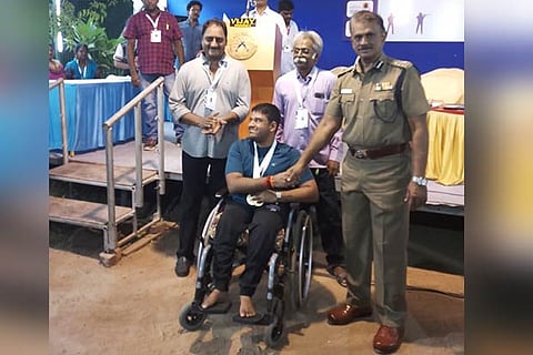 Aditya Giri being felicitated after he won gold at the 44th State Shooting Championship, in Madurai