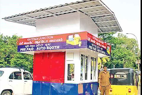 The pre-paid auto booth at Katpadi railway station which was shut down on Thursday in Vellore