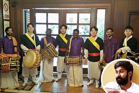 Nellai Manikandan (fourth from right) with Korean students; (inset) MV Vetri