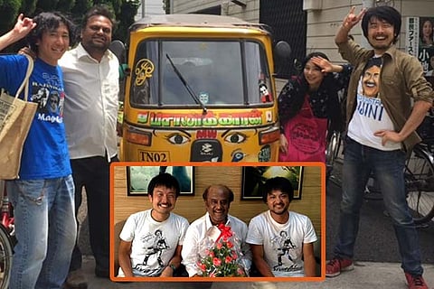 (Inset) Hiroyoshi Takeda with Rajinkanth and a friend; the imported auto rickshaw from Tamil Nadu