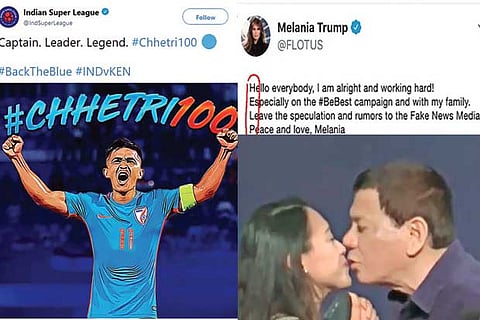 Trending in TN: Twitter decodes Melania's tweet, Philippine Prez courts controversy by kissing on stage and #Chhetri 100 trends on social media