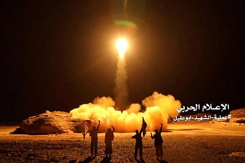 Photo shared by Houthi Military Media Unit shows launch of a ballistic missile aimed at Saudi Arabia