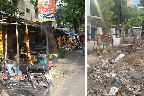 Small flower shops take up the entire pavement on Venkatnarayana Road