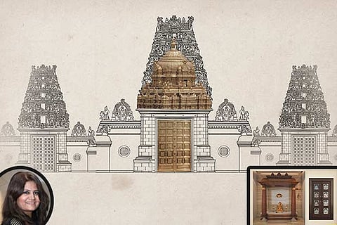 (Clockwise) The blueprint of a modular pooja room; the finished product; Ekta Agarwal