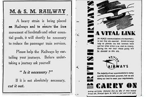 Advertisements by British Airways and Railways asking people not to travel during wartime
