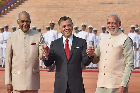 President Ram Nath Kovind with Jordan King Abdullah II bin Al-Hussein and PM Narendra Modi(PTI)