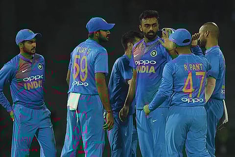 Jaydev Unadkat celebrates with his teammates after he got the wicket of Soumya Sarkar of Bangladesh