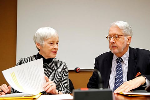 Paulo Pinheiro, Chairperson of Commission of Inquiry on Syria (R) with Karen Abuzayd, fellow member