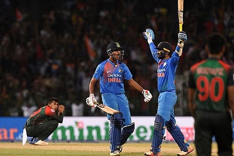 Dinesh Karthik celebrate their team's victory over Bangladesh