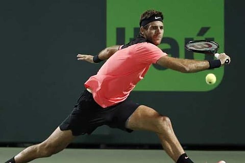 Juan Martin del Potro returns a serve from Milos Raonic .(Reuters)