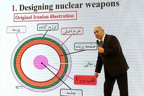Israeli Prime Minister Benjamin Netanyahu delivers a speech on Iran's nuclear programme