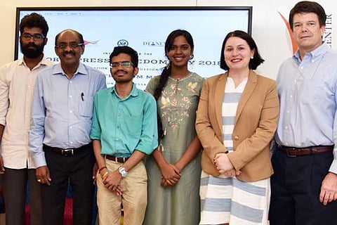 Student panelists with Ninan Thariyan, CEO, DT Next (2nd from L), Consul General Robert Burgess (R)
