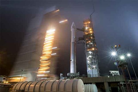 The mobile service tower at SLC-3 is rolled back to reveal the Atlas-V.(NASA)