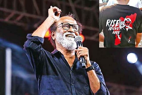 Actor-politician Rajinikanth speaking at the audio launch of his film ?Kaala, fan wearing message