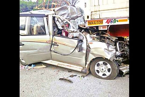 The car rammed into a stationary truck in Krishnagiri district