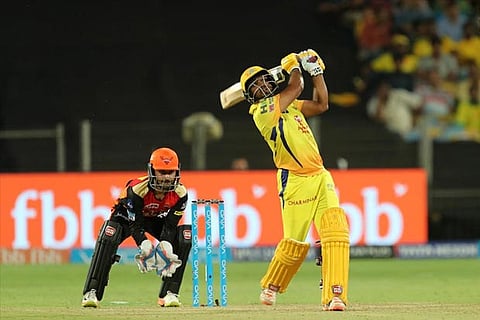 Ambati Rayudu hits a six during his unbeaten knock of 100 from 62 balls