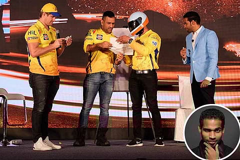 (L-R) Shane Watson, CSK?s unrevealed mystery man Mr. Pride, Dhoni and Narpath