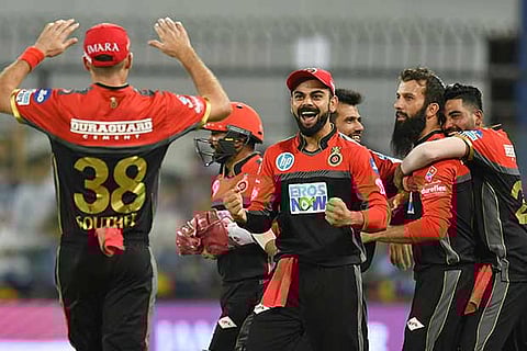 Royal Challengers Bangalore players celebrate a wicket against Kings XI Punjab
