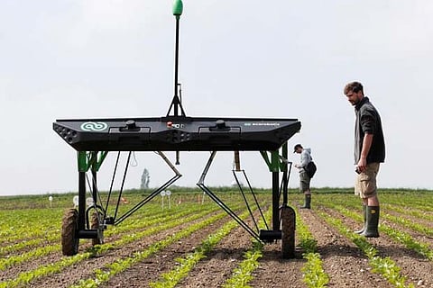 The prototype of an autonomous weeding machine by Swiss start-up ecoRobotix is pictured during tests