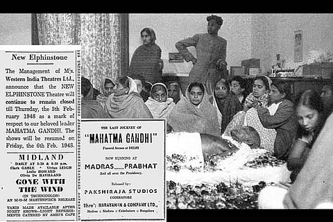 Mahatma Gandhi lying in state; theatres announcing closure as a mark of respect