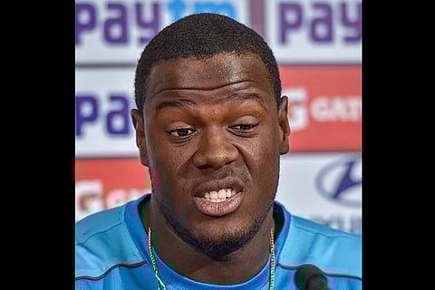 West Indies captain CR Brathwaite interacts with media