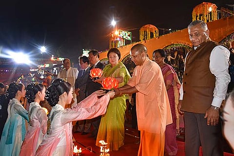 UP CM Adityanath, South Korean First Lady Kim Jung-sook during grand Diwali celebrations