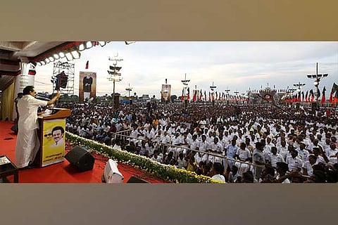 DMK president MK Stalin addressing a gathering of party men in Perambalur on Thursday