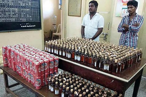 The liquor bottles seized by authorities during a recent drive in Kumbakonam
