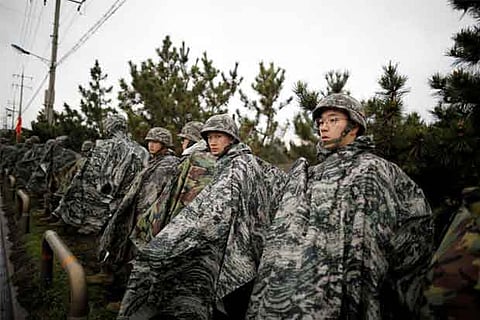 South Korean marines march during a military exercise