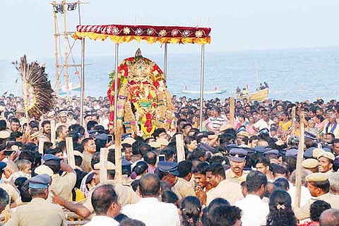 Lakhs of devotees witness the Soorasamharam at Tiruchendur beach on Tuesday