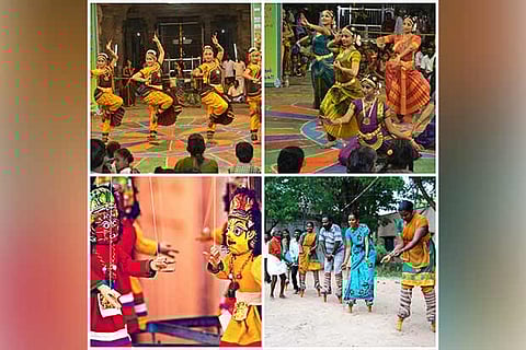 (Clockwise) Bharatanatyam; Poikkal Kuthiram Aattam; Bommalattam