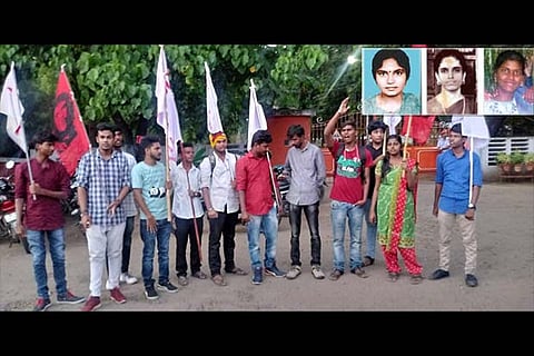 The SFI cadres stage a protest in front of TNAU.(Inset: the victims: Kokilavani, Gayatri, Hemalatha