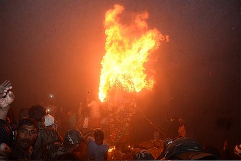 The Maha Deepam, in full glow, lit atop the Annamalai hills on Friday