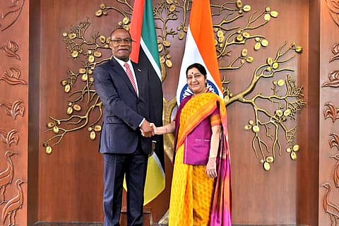 Sushma Swaraj with Mozambique Foreign Minister Jose Condungua Antonio Pacheco