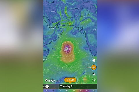 The cyclone warning shown on the ?Windy? app