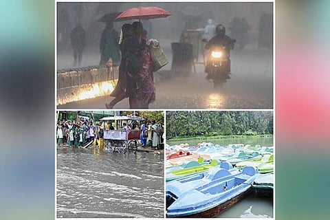 (Clockwise) Women pedestrians taking cover under umbrella. Boats at Ooty lake, road in Tiruchy