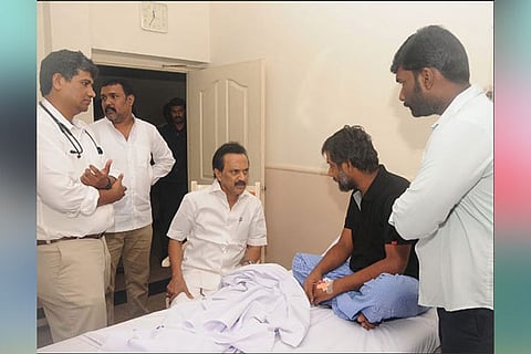 DMK chief MK Stalin meets activist Thirumurugan Gandhi in a hospital in Chennai
