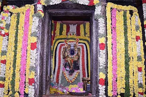 The shrine of Guru adorned at Abathsagayeswarar temple in Alangudi in Tiruvarur on Thursday