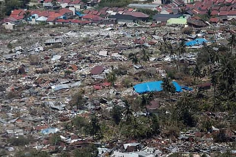 An aerial view of earthquake damage to an area in Palu, Central Sulawesi, Indonesia