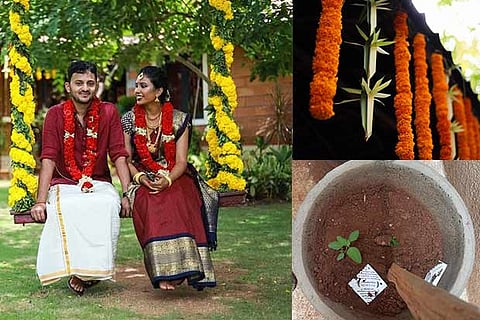 Veena and Vignesh at their wedding; Eco-friendly, biodegradable decor; Seed paper in a pot