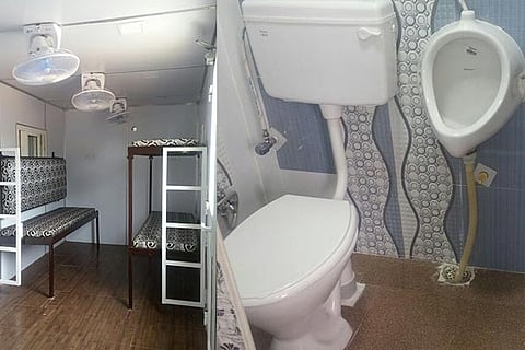 Used cargo containers modified into a room (left) and a washroom