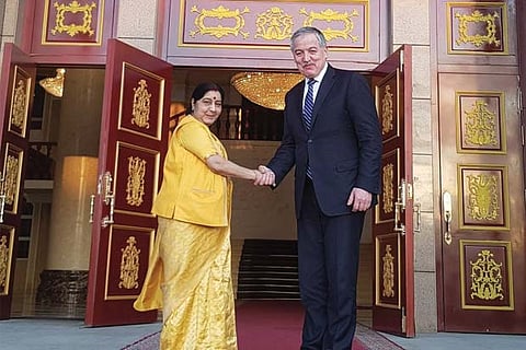 Sushma Swaraj with her Tajik counterpart Sirojiddin Muhriddin