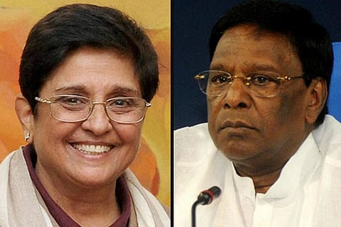 (L) Lt Governor Kiran Bedi and (R) Puducherry CM V Narayanasamy