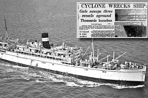 SS Rajula; (inset) a newspaper article of the incident