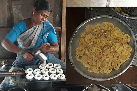 A woman squeezes dough in the mould to form murukku rings and (R) double-fried Manapparai murukku