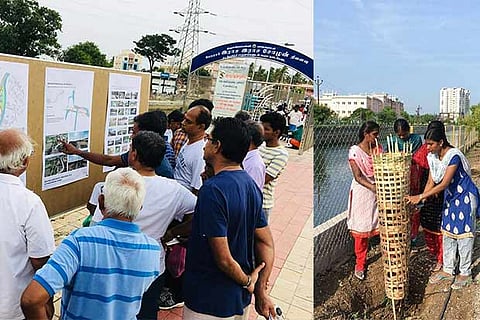 Locals read the info board; (R) bamboo dustbins along the banks of the canal