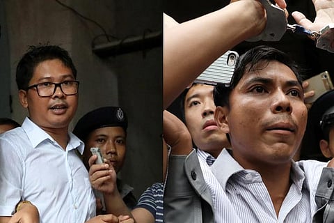 Reuters journalist Wa Lone (L) and Kyaw Soe Oo (R) after listening to the verdict at Insein court