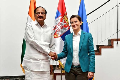 Venkaiah Naidu with Prime Minister of Serbia, Mrs. Ana Brnabic at Klub Poslanika