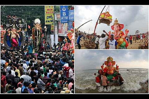 Devotees immerse an idol in the Bay of Bengal.(Photos: Manivasagan N)